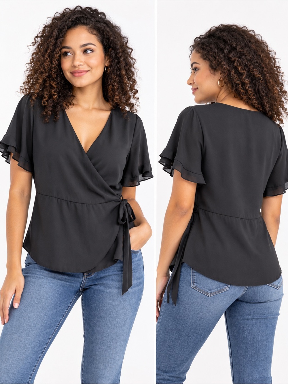 Zara Women's Black Wrap Front Short Sleeve Top